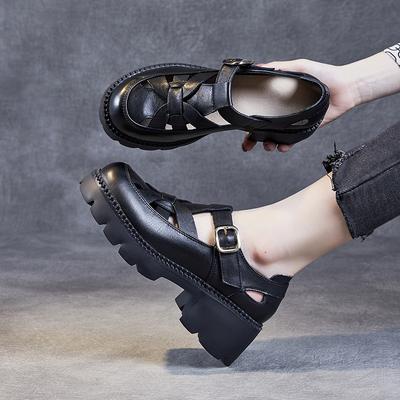 Plateausandalen aus Rindsleder der ersten Schicht für Damen Sommer 2025 neu atmungsaktiv hohl Retro Muffin römische Slipper Damen