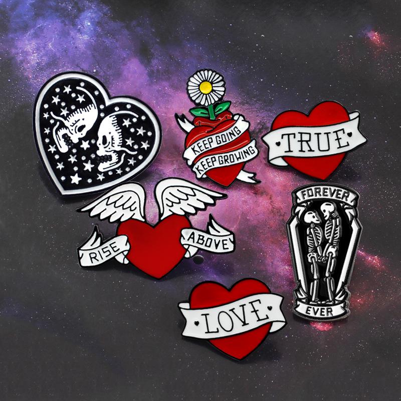 Red Heart, Black & White Skull, and Star Brooches: European & American Clothing Accessories