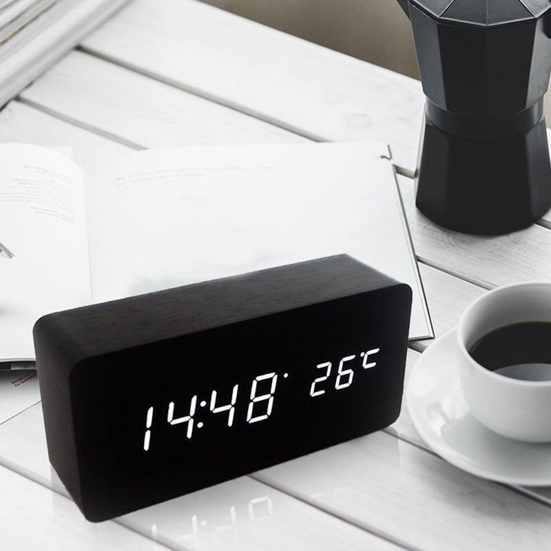 LED Wooden Alarm Clock Time Thermometer Snooze Voice Control Digital Table Clock