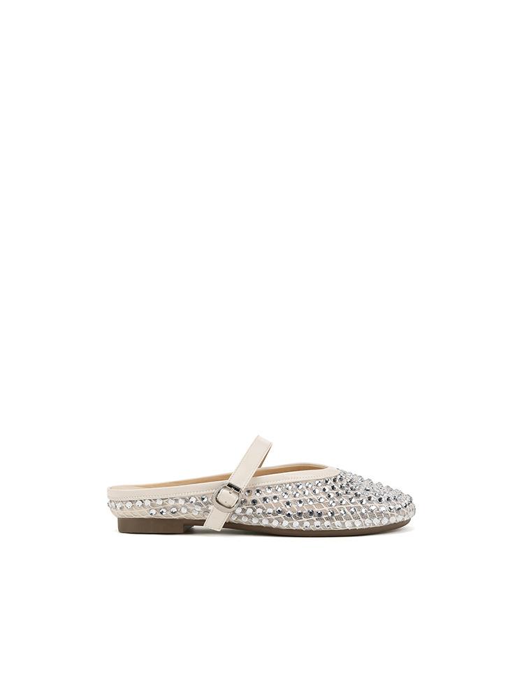 Yuanlitong Streamer Mesh Yarn Fashionable Versatile Rhinestone Mesh Breathable Buckle with Bag Head Vacation Slippers Women's Semi-drag Summer