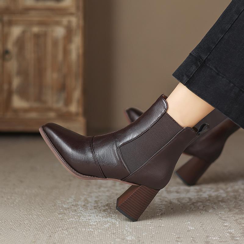 High Heel Short Boots Winter New Coarse Heel Brown Boots Women's Martin Boots Fashion Square Head Elastic Women's Leather Boots