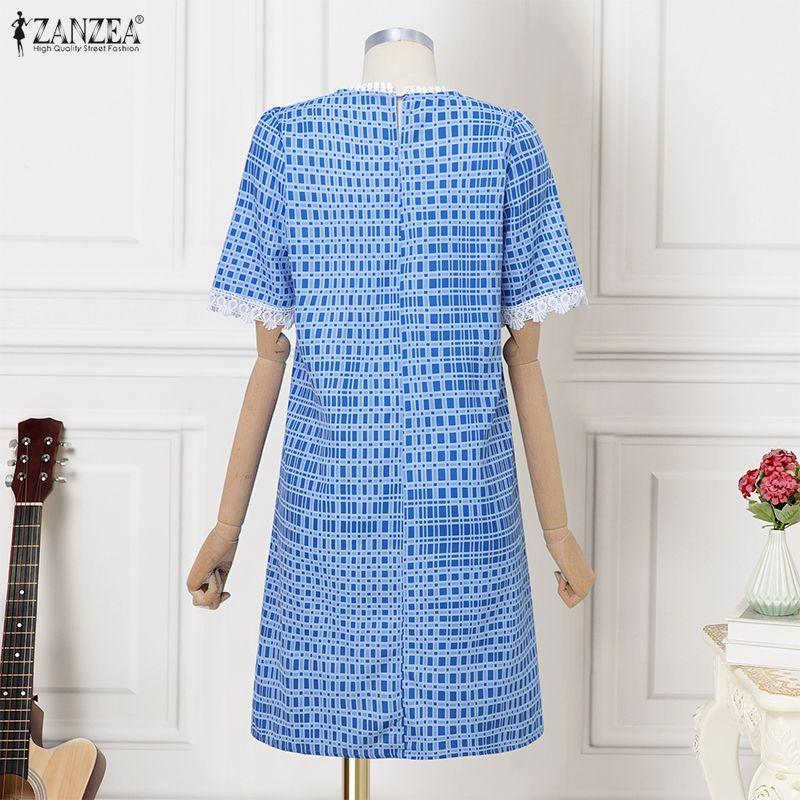 ZANZEA Women Casual Round Neck Short Sleeve Print Dress