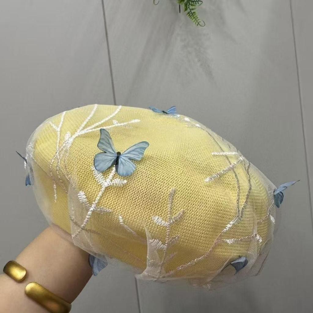 Women's Hat New Fashion Lace Beret - Summer Lightweight Chic Butterfly Painter Hat with Breathable Mesh