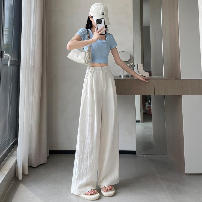 Cotton and Linen Summer Women's Wide Leg Full Pants High Waist Summer Female Elegant Minimalism Straight Loose Trousers