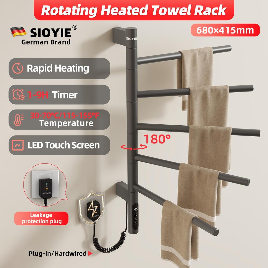 SIOYIE Electric Heated Towel Rack, Rotating Towel Warmer, Smart Bathroom Radiator, Plug-In/Hardwired Heater