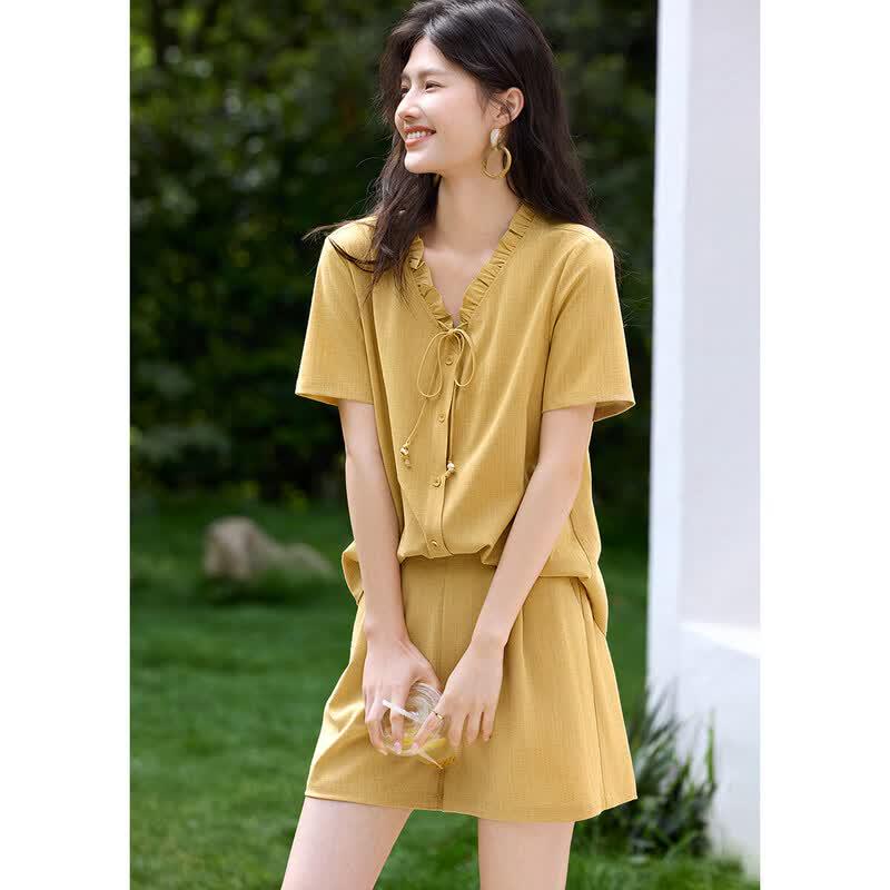 XWI Women s French Elegant V-Neck Tie Shirt & Shorts Set M