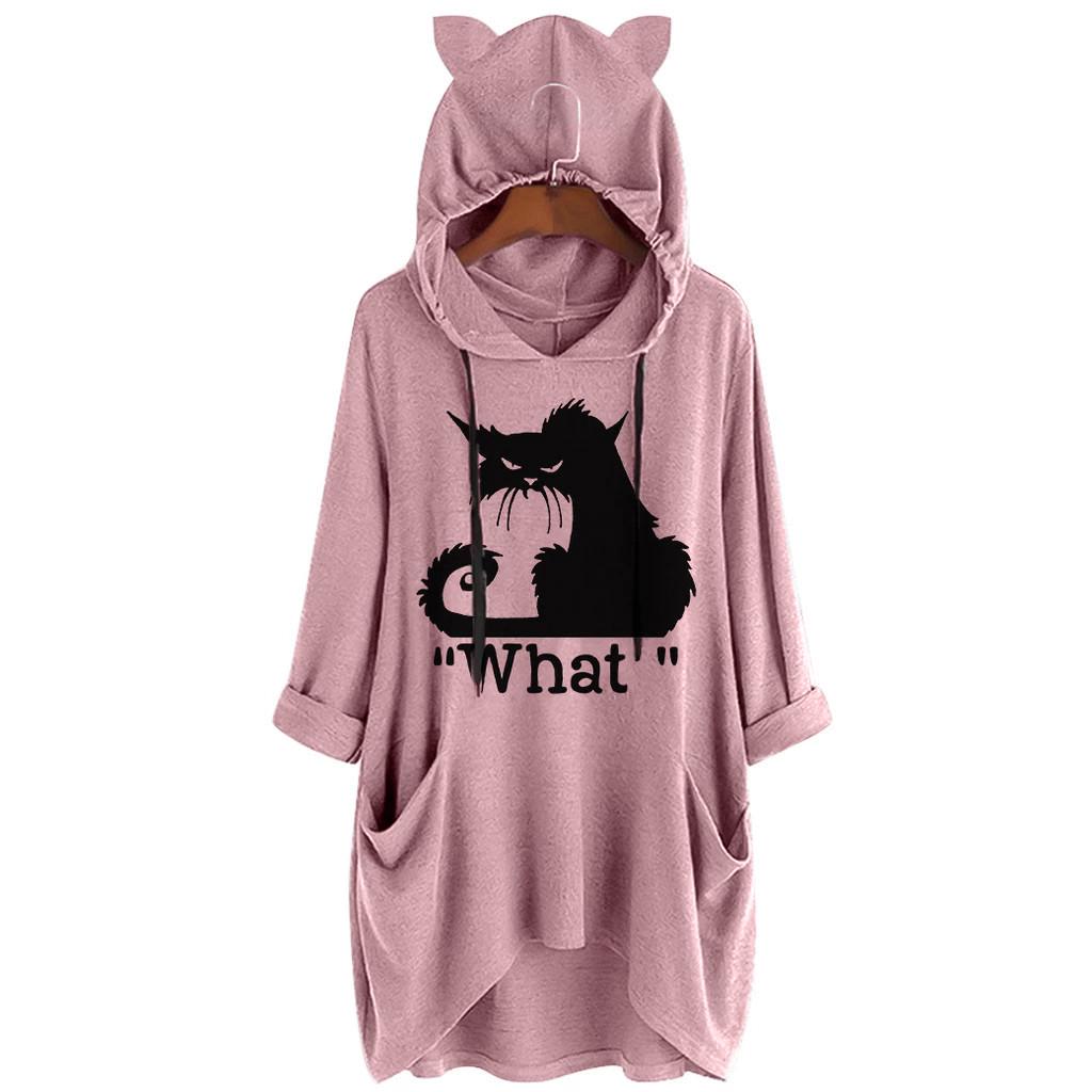 Women Casual Print Cat Ear Hooded Long Sleeves Pocket Top Blouse Shirt