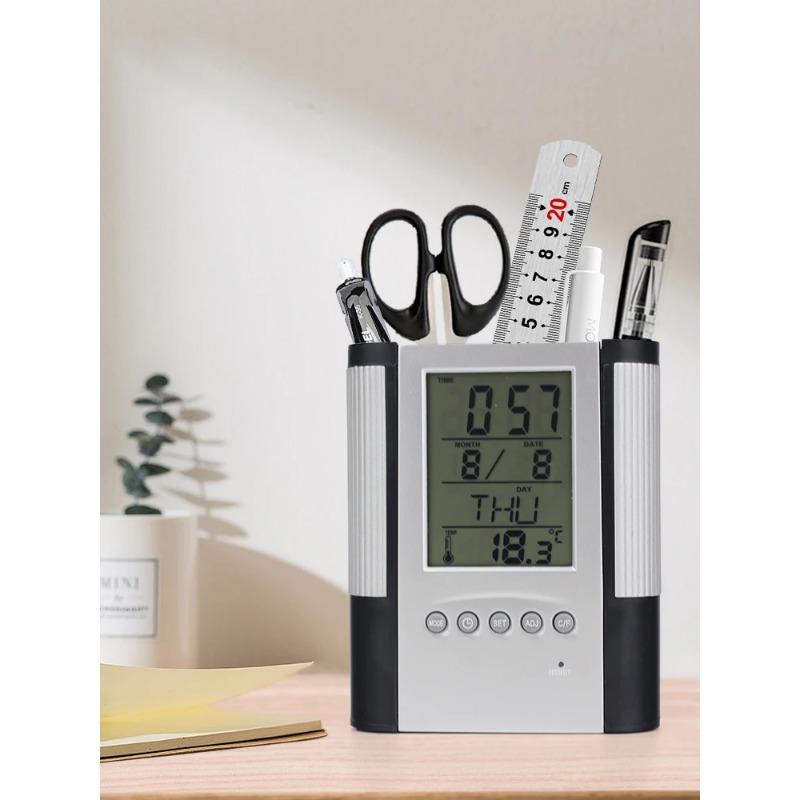Ewiger Kalender Stifthalter Anti-Rutsch-Basis Datums-/Zeitanzeige Temperaturerkennung Desktop-Aufbewahrung Dekorative Uhr Stifthalter