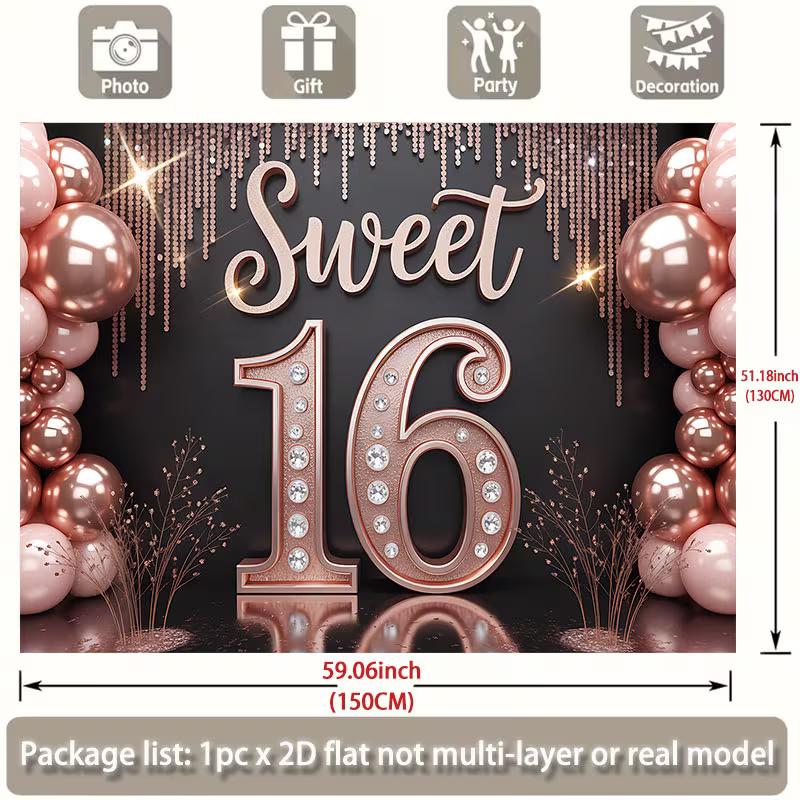 2D Sweet 16th Birthday Backdrop Rose Gold Balloon Party Background