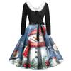 Christmas Print Flare Dress For Women Long Sleeve Dress Hollow Party Casual Dresses