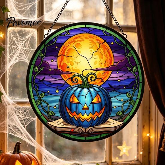 Transparent Light Shadow Effects Halloween Pumpkin Suncatcher, Stained Glass Style Round Window Hanging Ornament, Acrylic Creative Holiday Home