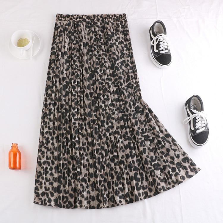 Qooth Summer Mid Length Pleated Skirt Leopard Print Chiffon Skirt Casual Elegant Women Skirts QT120