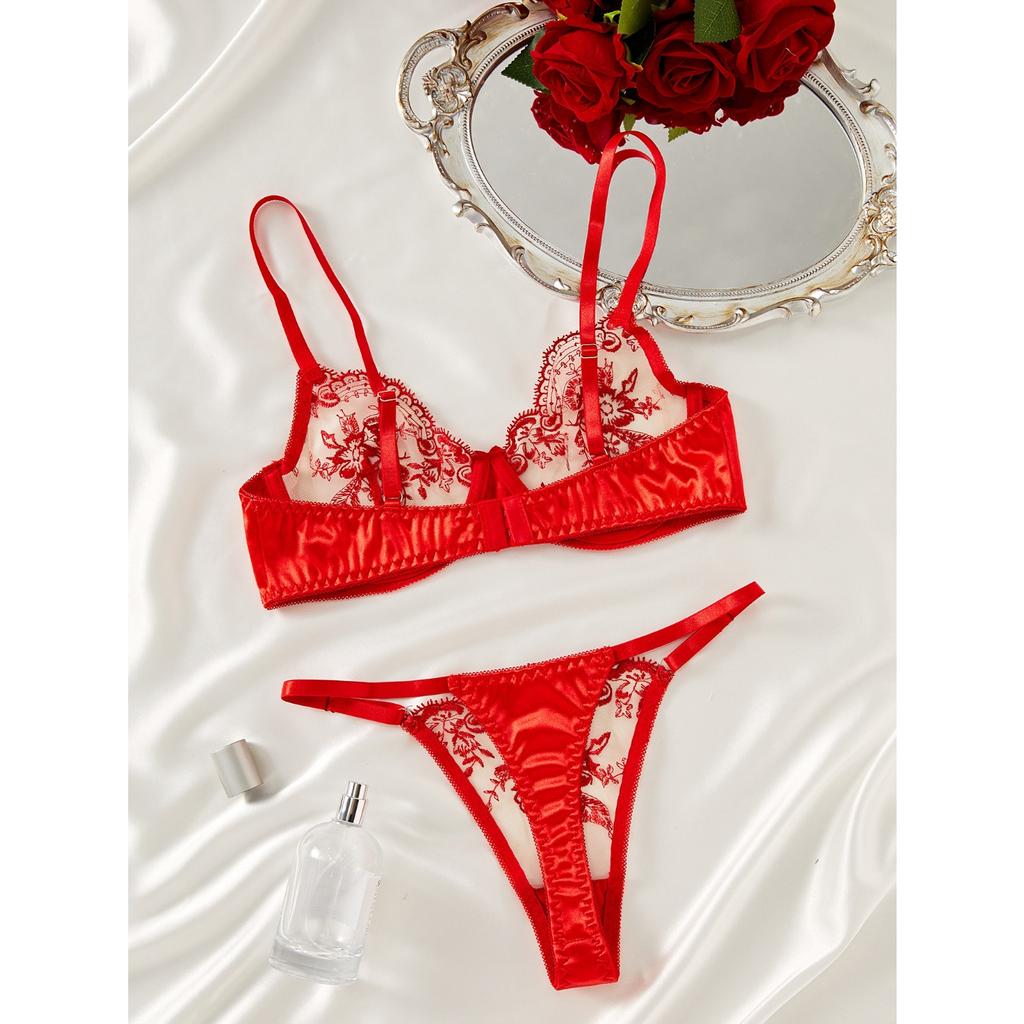 Flower embroidery see-through mesh sexy and comfortable simple and generous sex set