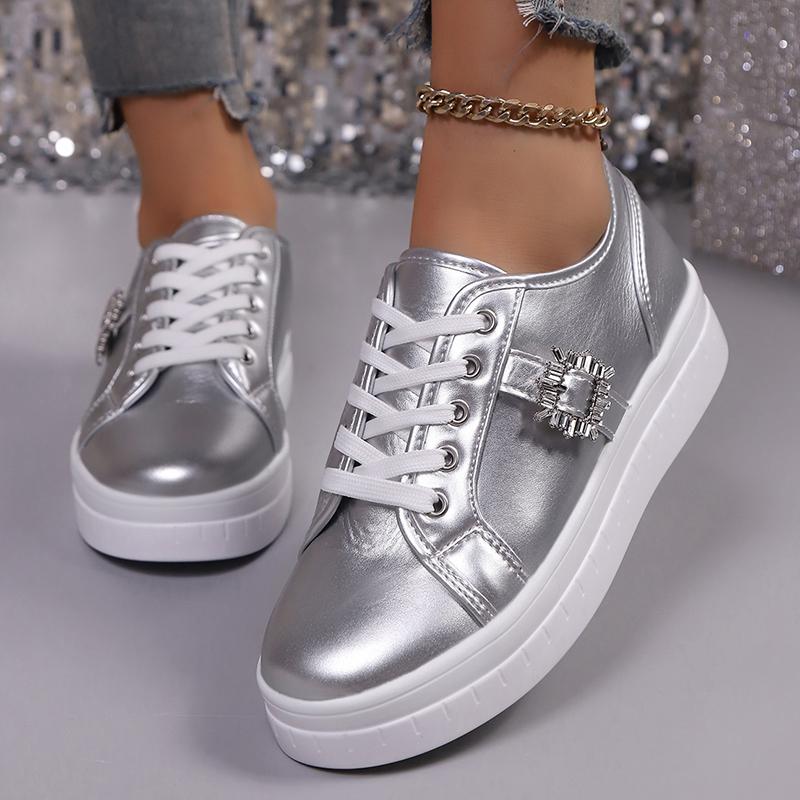 Fashion Women's Fashion Sneakers Gold Silver Low Top Casual Sports Shoes Women Metal Decor Comfortable Non Slip Walking Shoes Plus Size