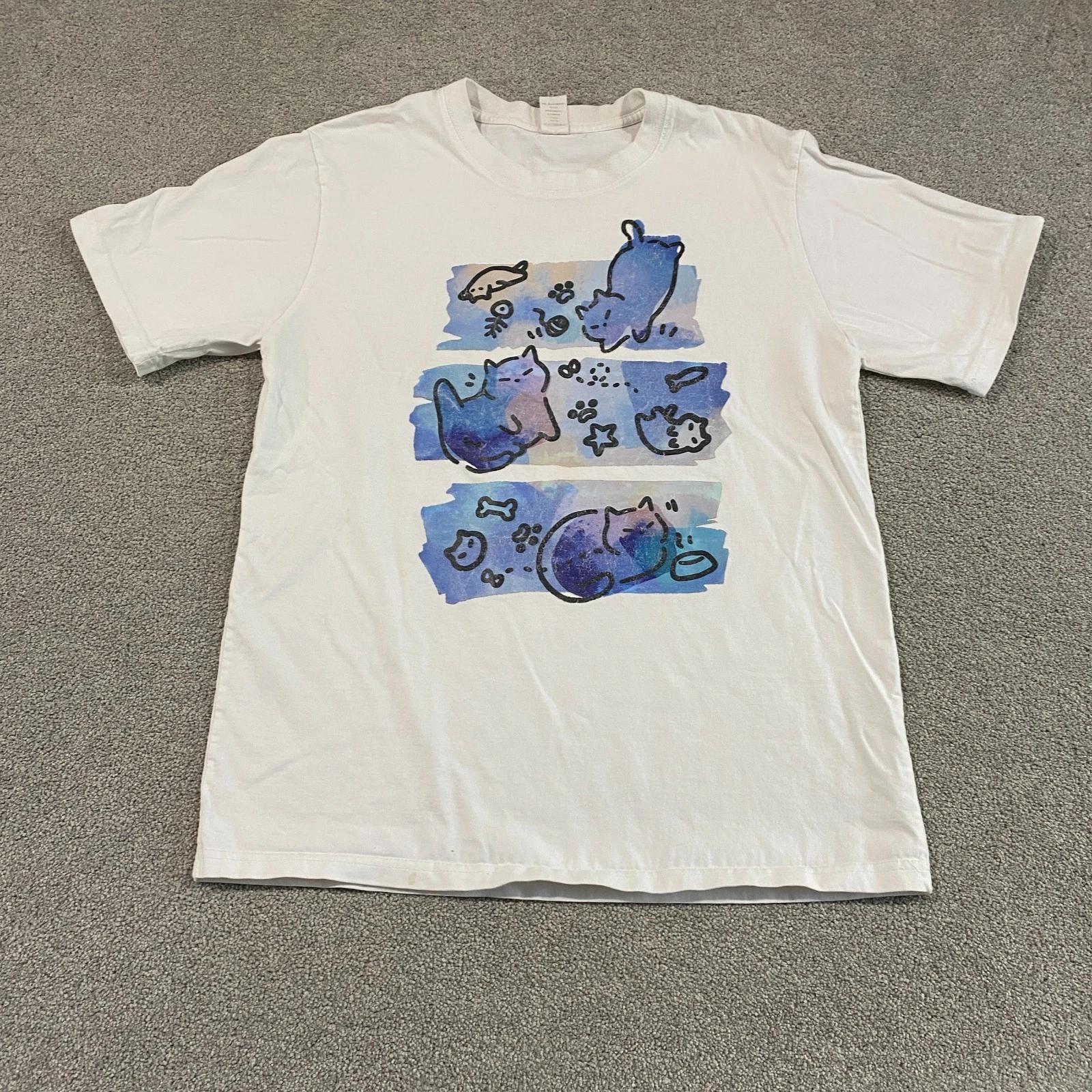 

Watercolor Blue Purple Cat Graphic T-Shirt S White Short Sleeve Kawaii Soft Girl L