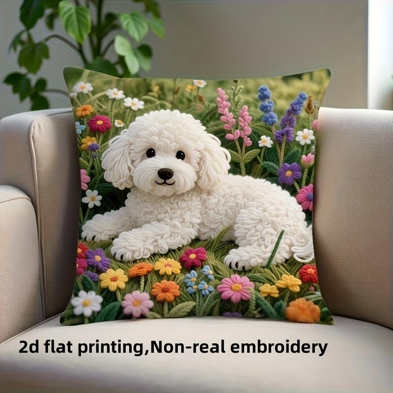 1Pc, 2d flat printing, white dog lying next to wild flowers pillow cover