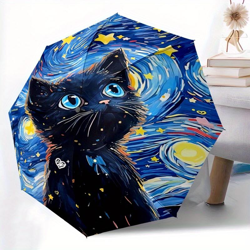 1pc Starry Night Kitten Pattern Automatic 3-Fold Umbrella, 8 Steel Frames, High-Value Folding Umbrella, Suitable for Office, Travel and Outdoor A