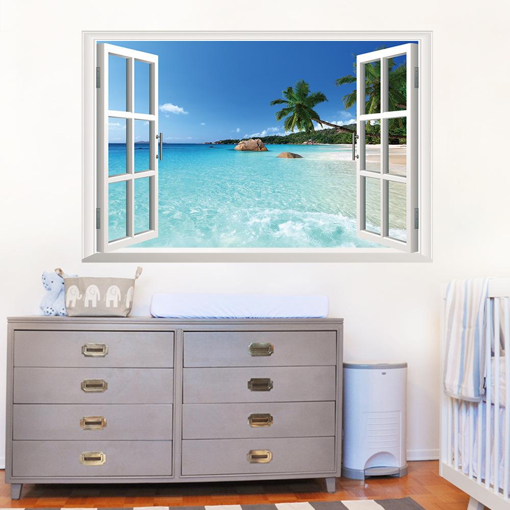 3D Sea View Natural Scenery False Window Wall Attachment Living Room Bedroom Removable Wall Sticker Room Decor