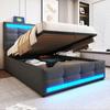 Cama Estofada 90*200 com Arrumação Hidráulica Cama Infantil com USB e Tira de LED que Muda de Cor, Cama de Solteiro em Linho Cinza