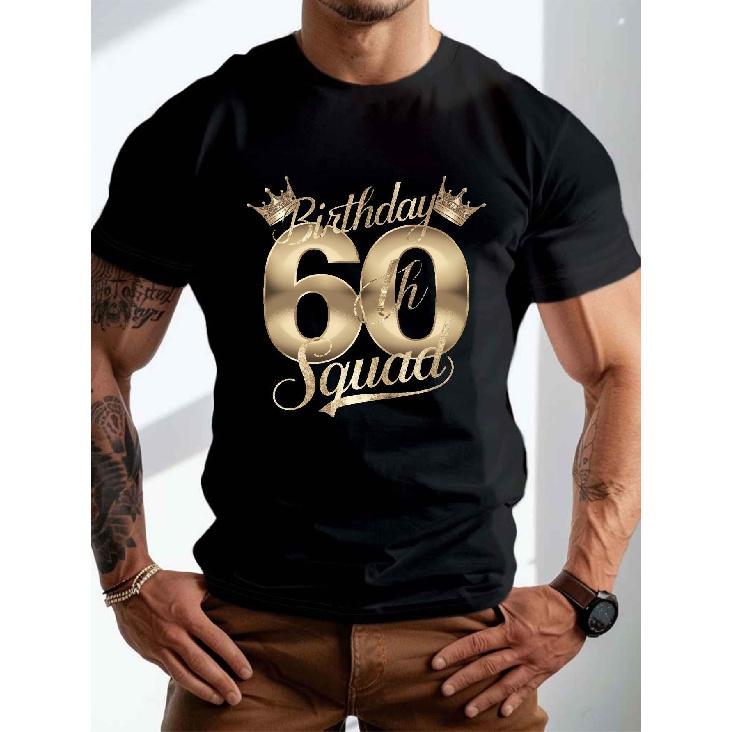 Men s 60th Birthday Squad Graphic T-Shirt - White & Golden Geometric Print with 60th Birthday Number & Squad Design, Comfort Fit Casual Short Sleeve S чёрный