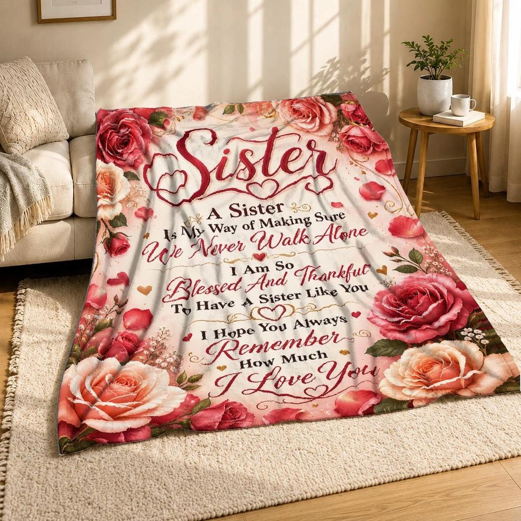 Rose Sister Love Quote Plush Throw Blanket Family Keepsake Decor