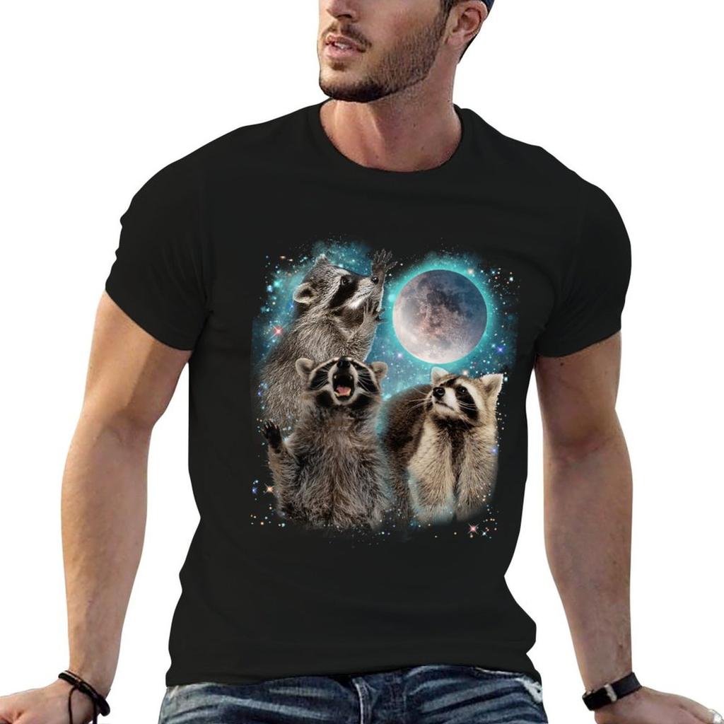3 Racoon Moon Howling Raccoon Head Funny T-Shirt Plus Size Summer Short Sleeve T-Shirt