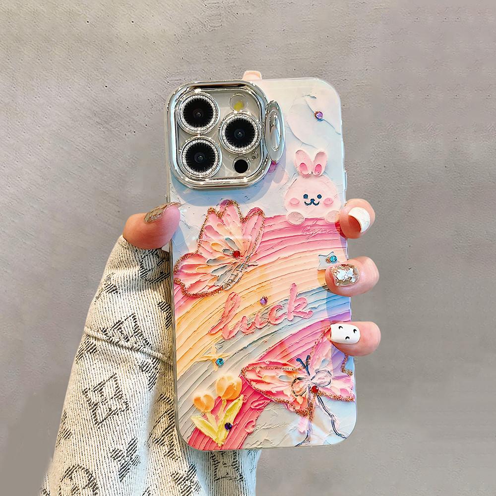 Phone Case For iPhone 11 12 13 14 Pro Max 14 15 Plus 12pro fashion Butterfly Rainbow Bunnies Pattern Invisible lens bracket protective film Back Cover