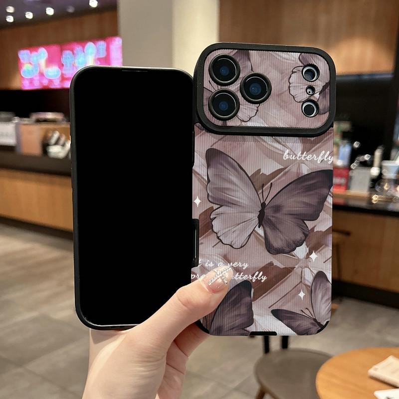 Butterflies Printed Vertical Grain Leather Soft Silicone Phone Case Back Cover with Camera Lens Full Protection for iPhone 17