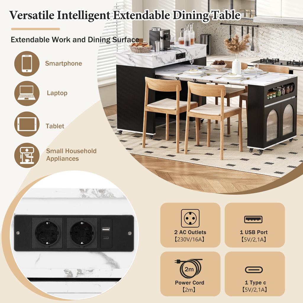 Kitchen island with wheels, extendable dining table with power strips and fluted glass, sideboard with one drawer (black)
