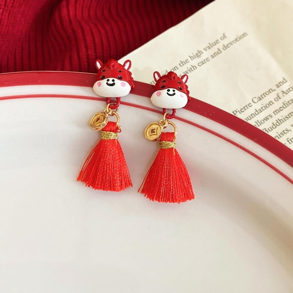 Cartoon Horse Red Pony Earrings Flocking Horse Mascot Drop Earrings New Year Horse Earrings  Girls