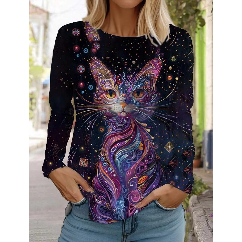Spring and Autumn Round Neck Art Cute Cat Pattern 3D Printed Top Fashionable Casual Long Sleeved Women's T-shirts