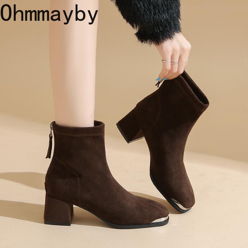 Winter Retro Slim Women Thick Heel Ankle Metal Square Toe Modern Short Botas Para Mujer for Adult Women