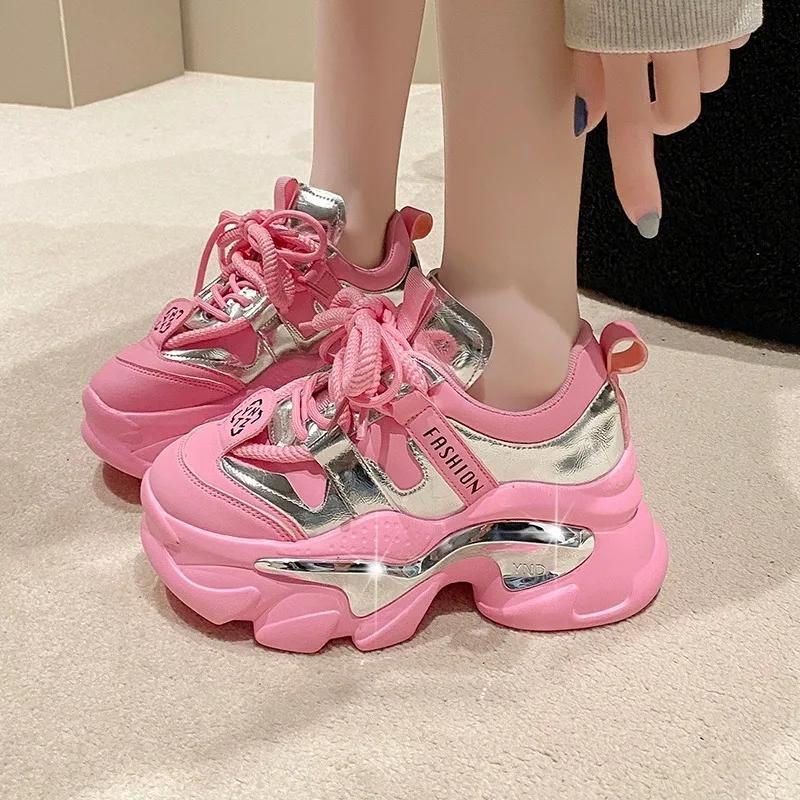 Fashion Top quality Women Genuine Leather Sneakers Autumn Lace up 6CM Platform Shoes Thick Sole Sport Walking Chunky Shoes Woman Spring