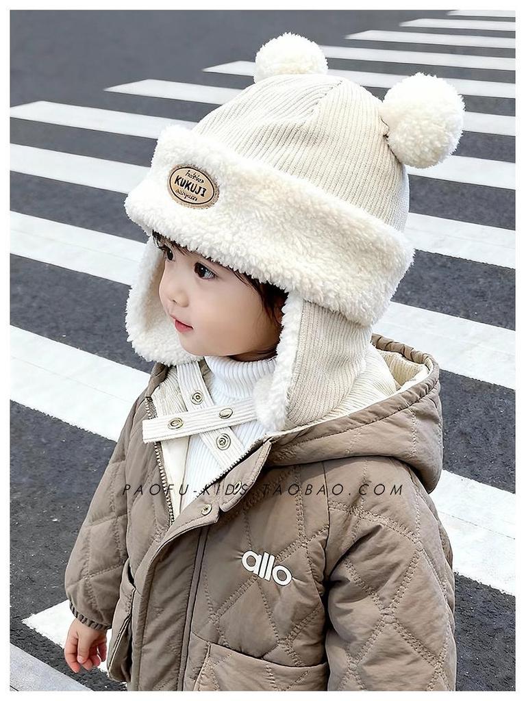 Children's Winter Hat with Fleece Lining, Windproof Corduroy Design, and Lambswool Ear Protection