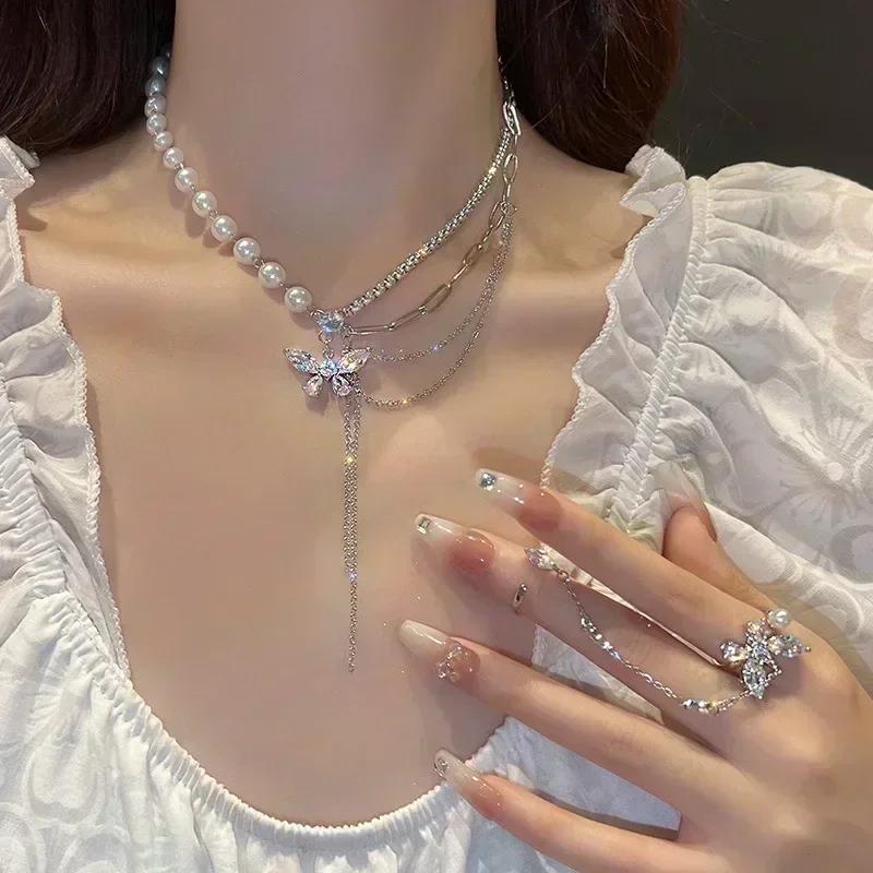 Imitation Pearl Tassel Flat Snake Bone Necklace For Women Fashionable Personalized Daily Accessory Party Jewelry Birthday Gifts