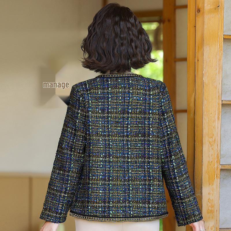 Korean Style Elegant Round Neck Color Block Coat for Women’s Autumn/Winter - Small Fragrance Style for Middle-Aged and Elderly Ladies.