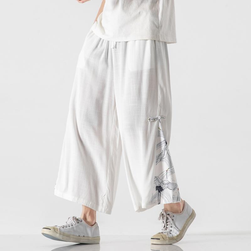 

2026 Мужские брюки с принтом из льна с широкими штанинами Harajuku Streetwear Шаровары Мужские Китайский стиль Брюки Ханьфу Ретро Брюки до щиколотки M белый