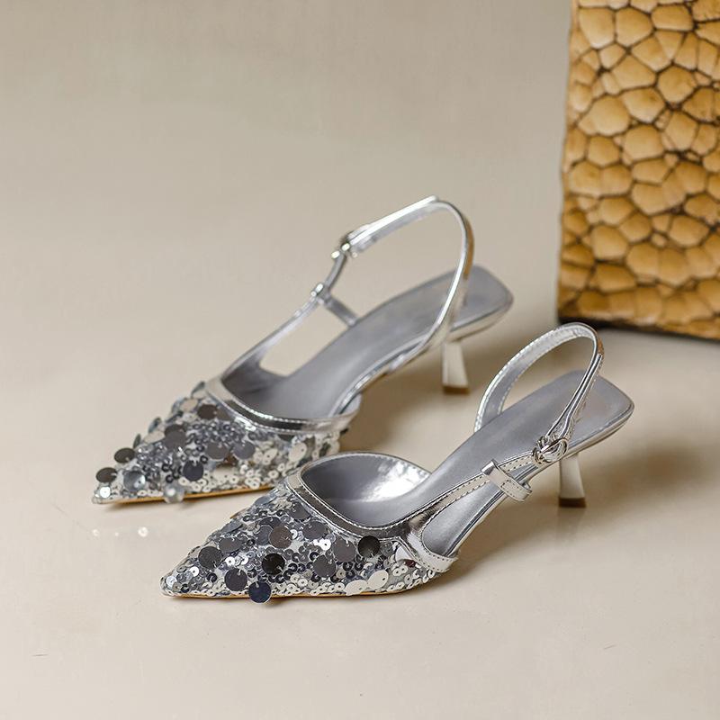 

Летние новые фея темперамент высокие каблуки одинарные туфли ретро свадебный подарок туфли заостренные блестки сумка голова назад пустые прямые поставки с фабрики 40 серебряный