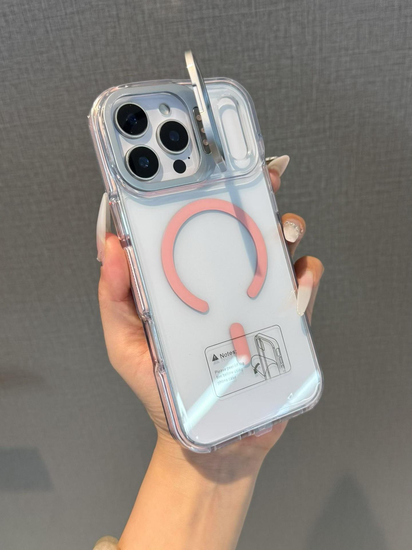 

Магнитный противоударный двухцветный чехол для iPhone 17 Pro Max с рамкой-подставкой для камеры iPhone 17 Pro Max розовый