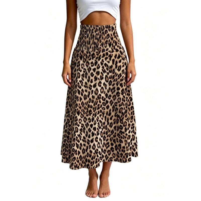 Falda Larga de Mujer Estampado Leopardo Cintura Alta Fruncida Elástica Casual para Playa y Uso Diario Estilo Resort Falda Evasé
