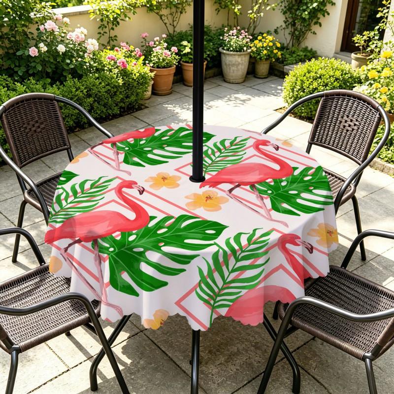 Outdoor Round Tablecloth With Umbrella Hole Waterproof Oil Resistant Floral Leaf Patio Garden Deck