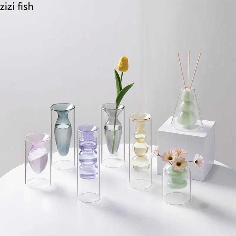 Colorful Double-layer Glass Vase Artistic Aromatherapy Bottle Transparent Hydroponic Dried Flower Vase Restaurant Desktop Decor