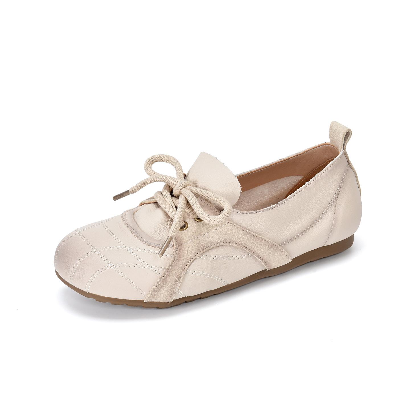 

Johnature Genuine Leather Soft Soled Loafers Casual Comfortable Round Toe Lace Up Women s Flat Shoes 35 бежевый