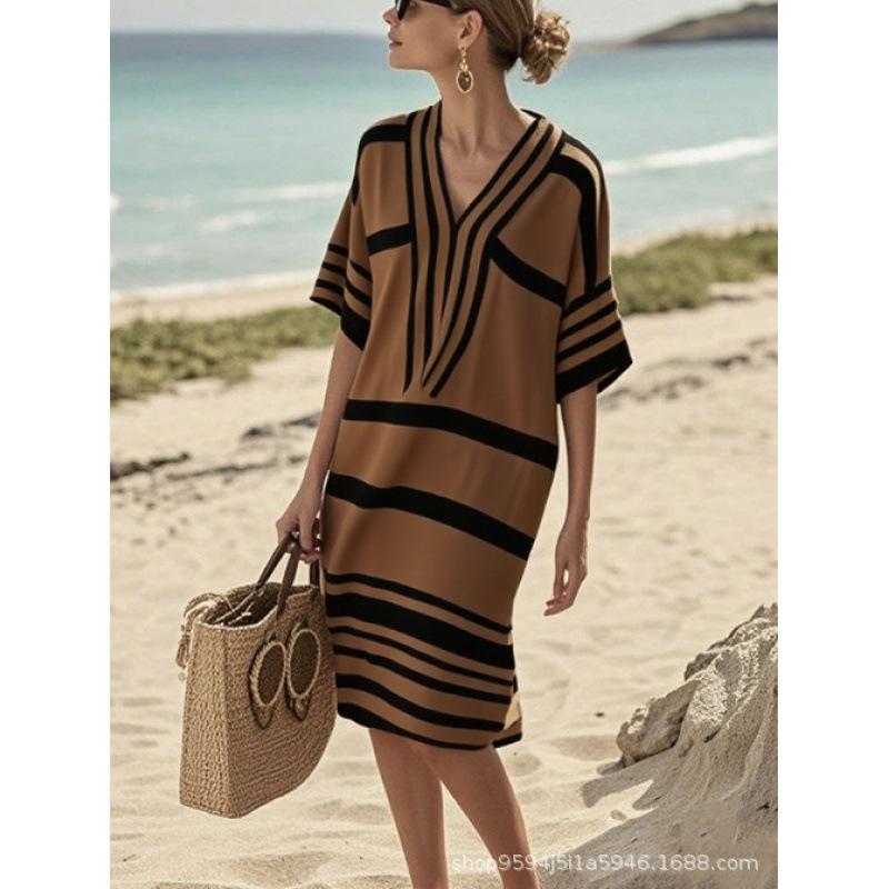 2026 women's V-neck dress seaside vacation 3D printing loose skirt beach