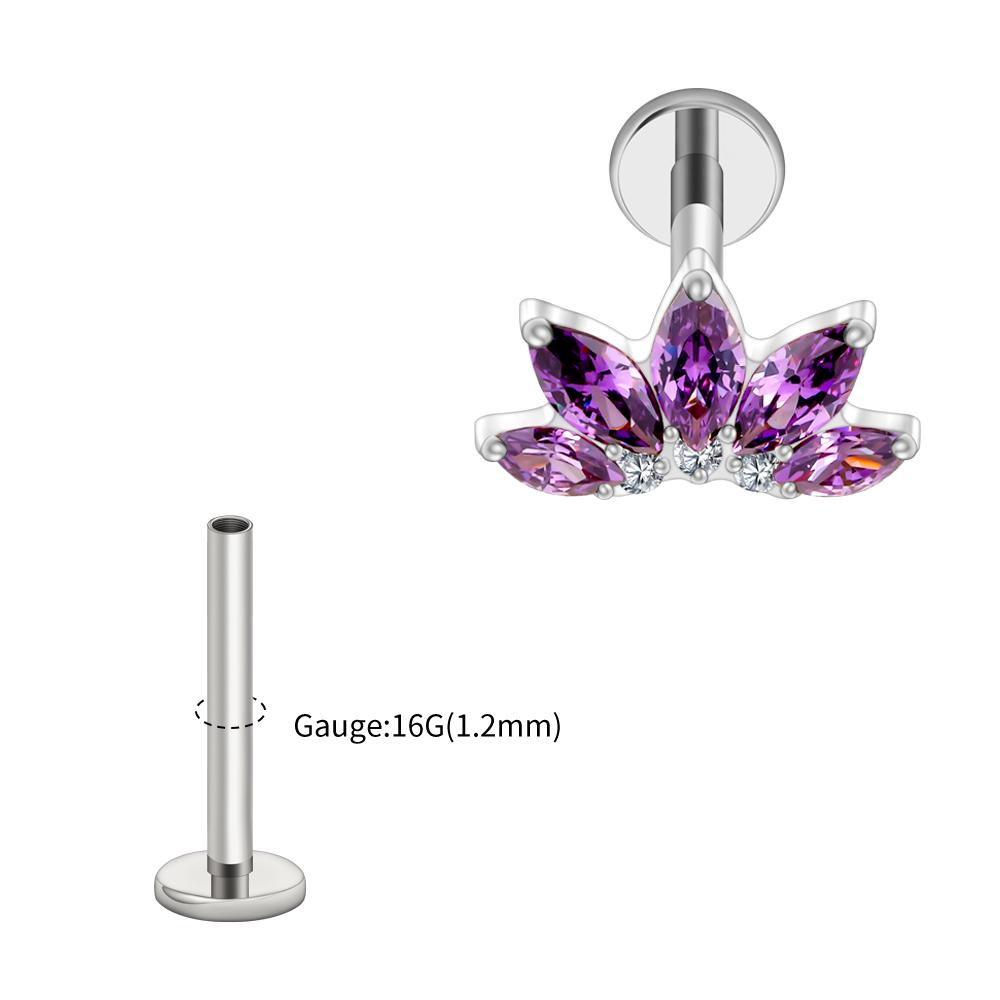 Right Grand ASTM F136 Titanium Marquise Lotus Cartilage Earring 16G Flower CZ Helix Flat Back Stud Labret Piercing Jewelry