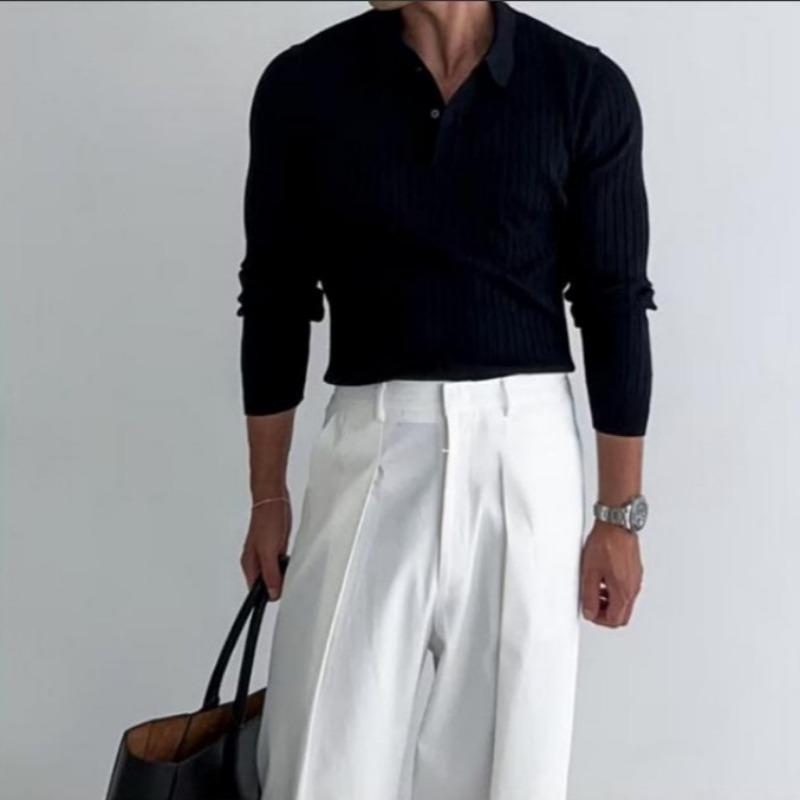 Spring Autumn Polo-neck Long Sleeve Knitting Pullover Top Male Casual Fashion Solid Bottomed Sweater Men