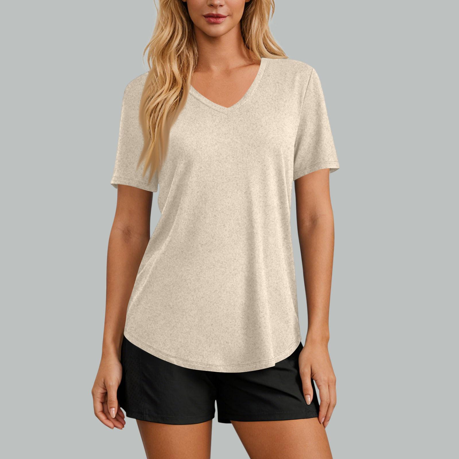 

Женская повседневная футболка с V-образным вырезом и коротким рукавом - Модный топ L бежевый