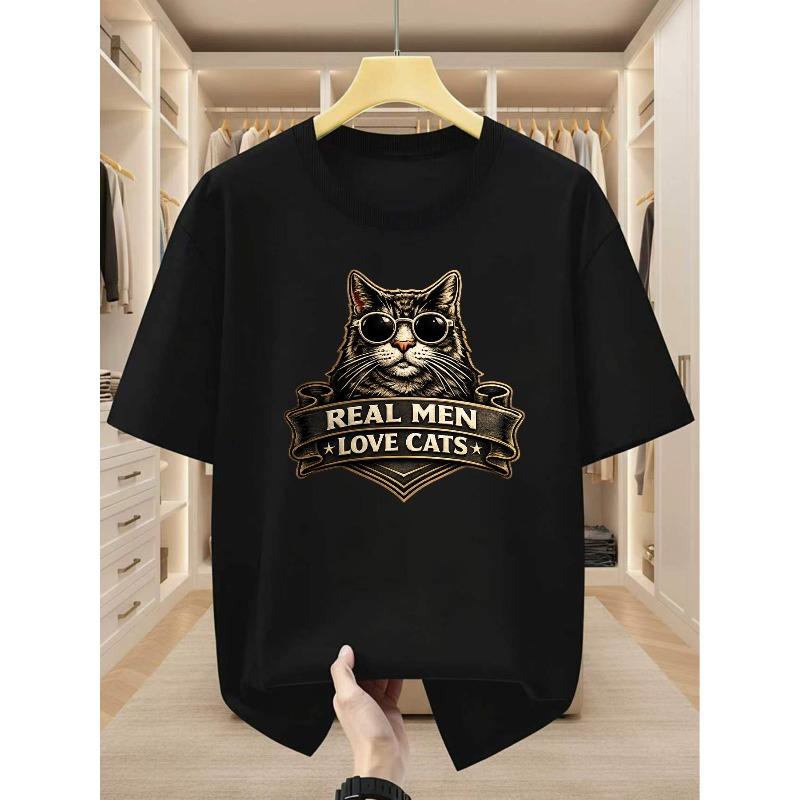 Plus Size Men'S T-Shirts Men'S Glasses Cat Print T-Shirt Real Men Love Cats Comfortable Casual Short-Sleeved T-Shirt in Summer