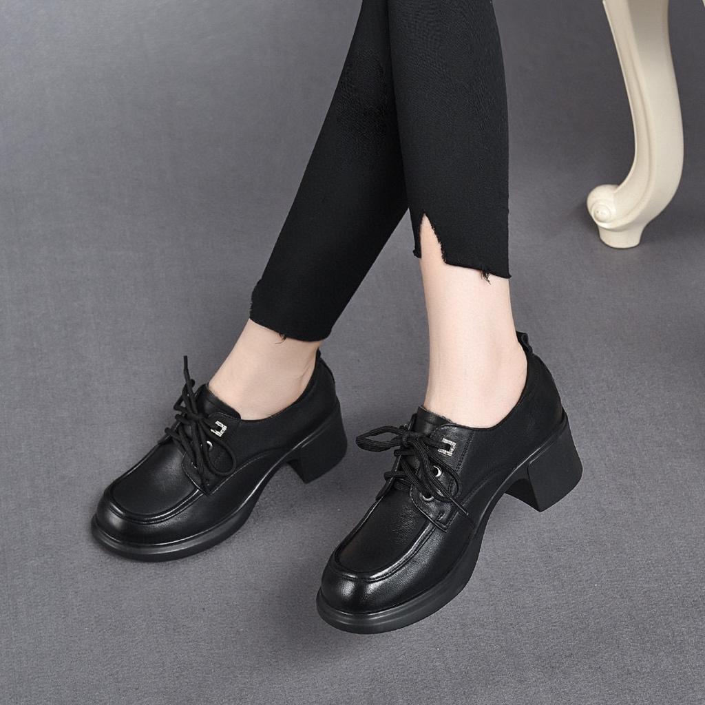 Round head thick heel single shoes women's shoes autumn new medium heel small leather shoes first layer cowhide low top shoes