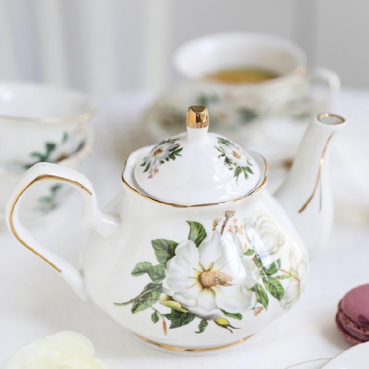 Ceramic Teapot With Floral Embossing And Gold Trim Ergonomic Handle Porcelain Tea Pot For Daily Use